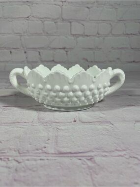 Vintage Fenton White Milk Glass Hobnail Double Handle Candy Nut Dish Bowl